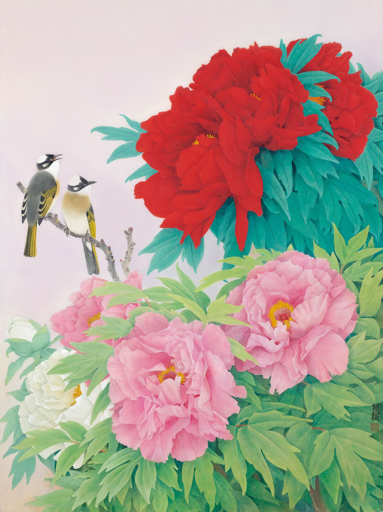 花常開 鳥常來 人常在   蘇服務絹本膠彩   數位微噴版畫展_訊息圖